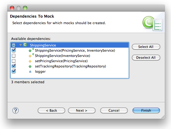 'New Test Case' wizard: 'Dependencies To Mock' page